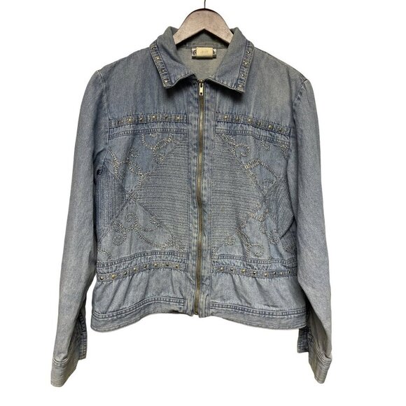 Saint Germain Paris Denim Embellished Jacket VTG Full Zip Women's Medium - Flaw - Picture 1 of 7